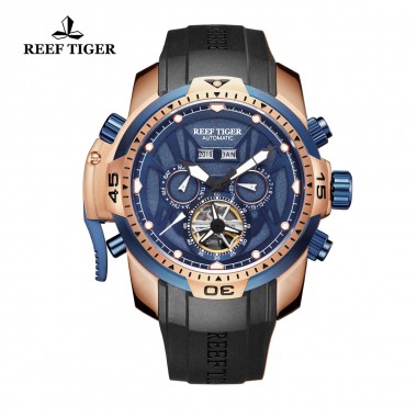 Reef Tiger/RT Mens Sport Watch Rose Gold Transformer Edition with Year Month Date Day Calendar Blue Dial Watches RGA3532