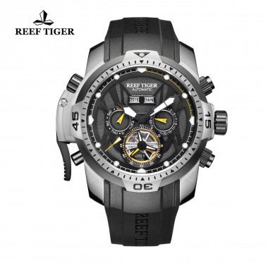 Reef Tiger/RT Sport Watch Complicated Black Big Dial with Year Month Perpetual Calendar Steel Case Watches RGA3532