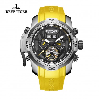 Reef Tiger/RT Sport Steel Case Watch Complicated Black Dial with Year Month Perpetual Calendar Big  Watches For Men RGA3532