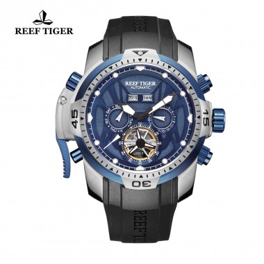 Reef Tiger/RT Mens Sport Watch Blue Complicated Dial with Year Month Perpetual Calendar Big Steel Case Rubber Strap Watches RGA3532