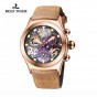 Reef Tiger/RT Luxury Skeleton Sport Watches Rose Gold Luminous Quartz Watches Genuine Leather Strap for Men RGA792
