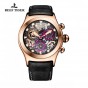 Reef Tiger/RT Luxury Skeleton Sport Watches Rose Gold Luminous Quartz Watches Genuine Leather Strap for Men RGA792