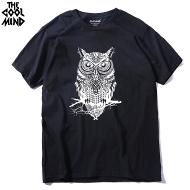 THE COOLMIND Top Quality Cotton Casual Short Sleeve Casual O-Neck Loose OWL Printed Men T Shirt