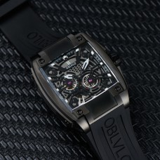 OBLVLO Personalized Men Automatic Mechanical Watch Luminous Skeleton Stainless Steel Case Rubber Strap Sapphire Big Rectangle GM