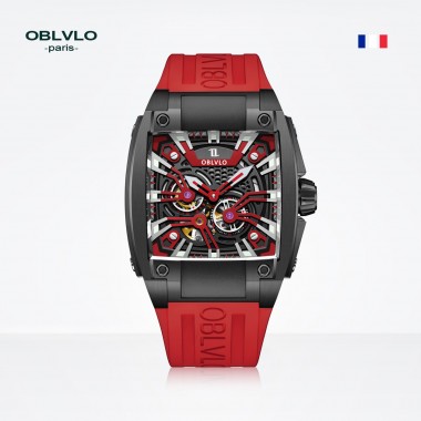 OBLVLO Personalized Men Automatic Mechanical Watch Luminous Skeleton Stainless Steel Case Rubber Strap Sapphire Big Rectangle GM-BBRR