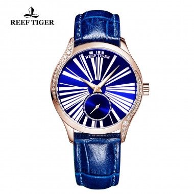 Reef Tiger/RT Luxury Fashion Watches Women Blue Rose Gold Watch Genuine Leather Strap Automatic Watches reloj mujer RGA1561-PLL