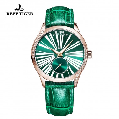 Reef Tiger/RT Luxury Fashion Watches Women Green Rose Gold Watch Genuine Leather Strap Automatic Watches reloj mujer RGA1561-PNN