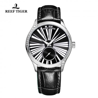 Reef Tiger/RT Ultra Thin Ladies Luxury Watch Black Dial Leather Strap Automatic Watch Ladies Gifts Clock Relogio Feminino RGA1561-YBB