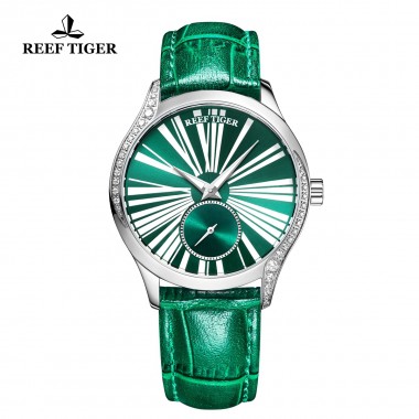 Reef Tiger/RT Women Fashion Watch 2018 Top Brand Luxury Automatic Watches Green Leather Strap Diamond Watch reloj mujer RGA1561