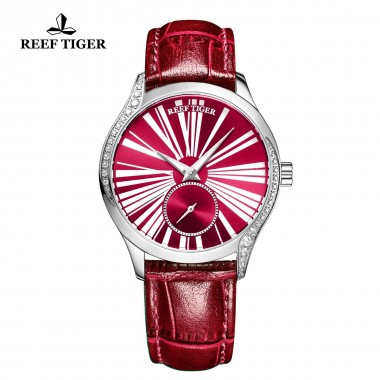 Reef Tiger/RT Ultra Thin Ladies Luxury Watch Red Dial Leather Strap Automatic Watch Ladies Gifts Clock Relogio Feminino RGA1561-YRR