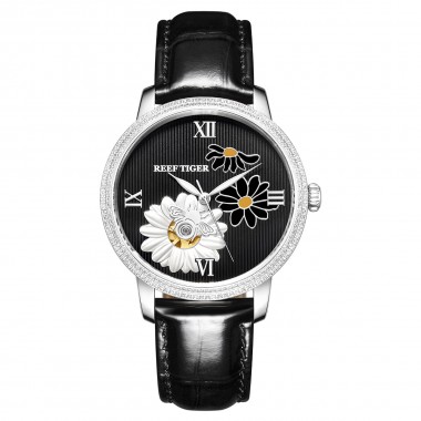 New Fashion Women Watch Automatic Watches Leather Strap Steel Case Diamond Watch Relogio Feminino RGA1585