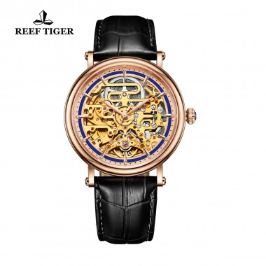 Reef Tiger/RT Men's Business Vintage Watches with Skeleton Dial Rose Gold Tone Brown Leather Strap Automatic Watch RGA1917