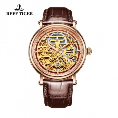 Reef Tiger/RT Men's Luxury Mechanical Skeleton Watch with Rose Gold Case Genuine Leather Band Vintage Watches RGA1917