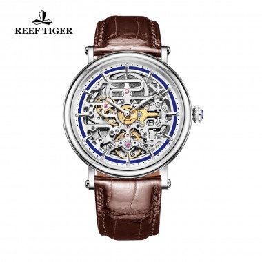 Reef Tiger/RT Men's Business Vintage Watches Automatic Watches with Skeleton Dial Leather Strap Waterproof Watch RGA1917