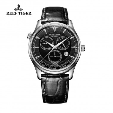 Reef Tiger/RT Men's Automatic Watches Month Date Day World Time Steel Leather Strap Watch for Men RGA1951
