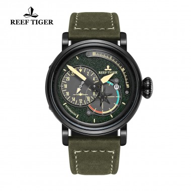 Reef Tiger/RT Black Steel Military Watches for Men Genuine Leather Strap Automatic Pilot Watch with Date RGA3019