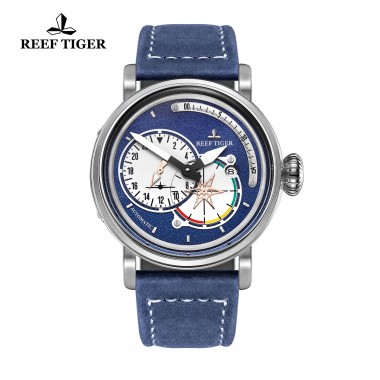 Reef Tiger/RT Mens Pilot Steel Watches with Date Blue Dial Watch Automatic Watches Military Leather Strap Watch RGA3019