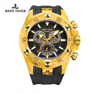 Reef Tiger/RT Sports Men Yellow Gold Watches with Chronograph and Date Big Dial Super Luminous Designer Quartz Watch RGA303