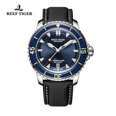 Reef Tiger/RT Mens Super Luminous Dive Watches Blue Dial Analog Automatic Watches Nylon Strap Watch RGA3035