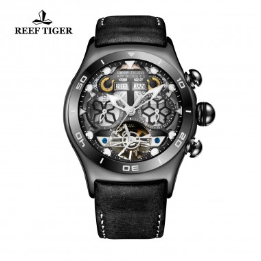 Reef Tiger/RT Men's Fashion Sport Watches Black Steel Skeleton Dial and Luminous Year Month Date Day Automatic Watch RGA703