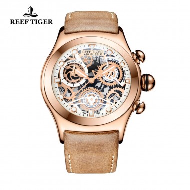 Reef Tiger/RT Chronograph Sport Watches for Men Skeleton Dial with Date Three Counters Luminous Rose Gold Unique Quartz Watches RGA792