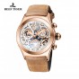 Reef Tiger/RT Chronograph Sport Watches for Men Skeleton Dial with Date Three Counters Luminous Rose Gold Unique Quartz Watches RGA792