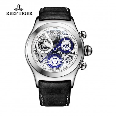 Reef Tiger/RT Men's Sport Skeleton Watches with Blue Dial Date Three Counters Steel Chronograph Quartz Watch RGA792