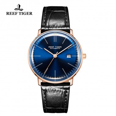 Reef Tiger/RT Men Luxury Brand Automatic Watch Leather Strap Blue Dial Rose Gold Casual Watches RGA8215-PLB