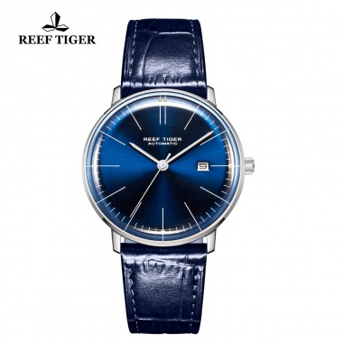 Reef Tiger/RT Luxury Brand Ultra Thin Watch Men Leather Strap Steel Automatic Watches Waterproof RGA8215-YLL