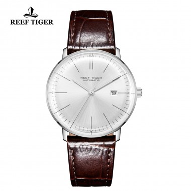 Reef Tiger/RT Luxury Brand Ultra Thin Watch Men Leather Strap Steel Automatic Watches Waterproof RGA8215-YWS