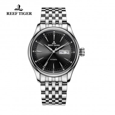 Reef Tiger/RT Luxury Dress Watch for Men Stainless Steel Bracelet Black Dial Automatic Wrist Watches RGA8232-YBY