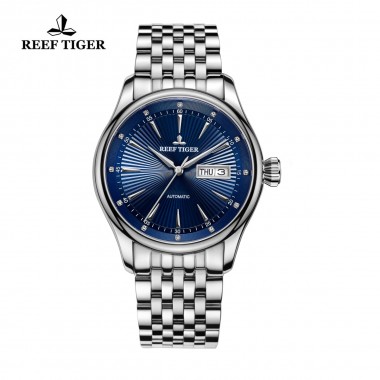 Reef Tiger/RT Luxury Dress Watch for Men Stainless Steel Bracelet Blue Dial Automatic Wrist Watches RGA8232