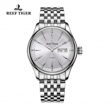 Reef Tiger/RT Luxury Dress Watch for Men Stainless Steel Bracelet White Dial Automatic Wrist Watches RGA8232-YWY