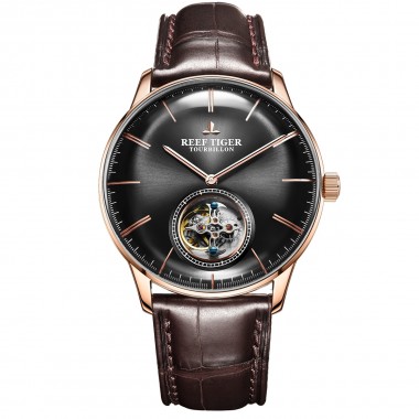 Reef Tiger/RT Men Luxury Brand Tourbillon Watch Black Dial Rose Gold Automatic Watches Genuine Leather Strap relogio masculine RGA1930-PBS