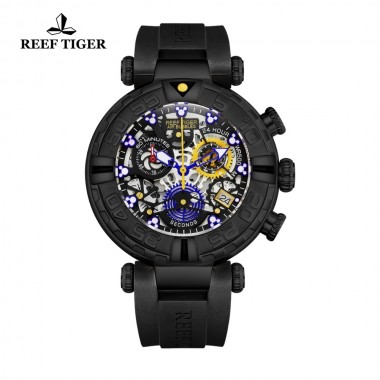 Reef Tiger/RT Black Men Watch Big Skeleton Waterproof Rubber Strap Chronograph Stop Watch Date Sport Watches RGA3059-S