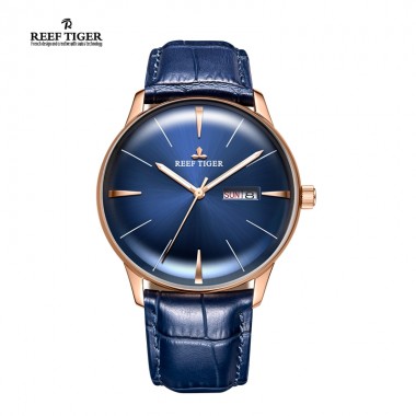 Reef Tiger/RT Mens Dress Watches Convex Lens Rose Gold Blue Dial Automatic Watch with Date Day RGA8238-PLL