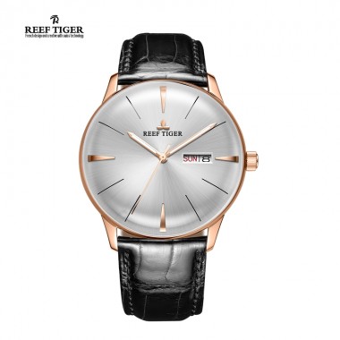 Reef Tiger/RT Mens Dress Watches Convex Lens Rose Gold White Dial Automatic Watch with Date Day RGA8238-PWB