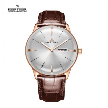 Reef Tiger/RT Mens Dress Watches Convex Lens Rose Gold White Dial Automatic Watch with Date RGA8238-PWS