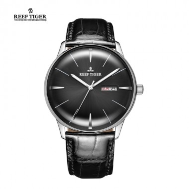 Reef Tiger/RT Dress Mens Watch Steel Case Genuine Leather Strap Convex Lens Watches Automatic Analog Watches RGA8238-YBB