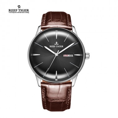Reef Tiger/RT Dress Mens Watch Steel Case Genuine Leather Strap Convex Lens Watches Automatic Analog Watches RGA8238-YBS