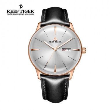 Reef Tiger/RT Mens Dress Watches Convex Lens Automatic Watches Rose Gold Case With Leather Band RGA8238-PWBH