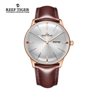 Reef Tiger/RT Mens Dress Watches Convex Lens Automatic Watches Rose Gold Case With Leather RGA8238-PWSH