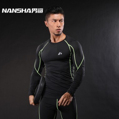 NANSHA Mens Fitness Long Sleeves T Shirt Men Bodybuilding Skin Tight Breathable Spandex Compression Shirts Crossfit Workout Tops