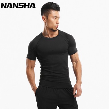 NANSHA New Men Solid Color T shirts Spandex Polyester Compression Shirts  Fashion Short Sleeve Tops For Male Fitness Clothes