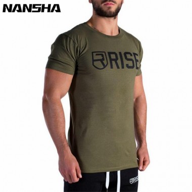 NANSHA Mens Short Sleeve Cotton T-shirt Summer Style Male Gyms Fitness Bodybuilding Crossfit Fashion Casual Slim Fit Tee Tops