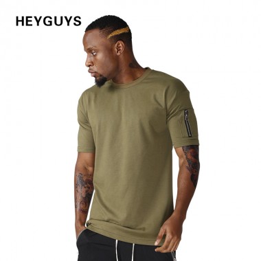 HEYGUYS cotton t shirts mens new summer street wear hip hop T-SHIRTS 2017 brand fashion zipper on sleeve t-shirts pure color