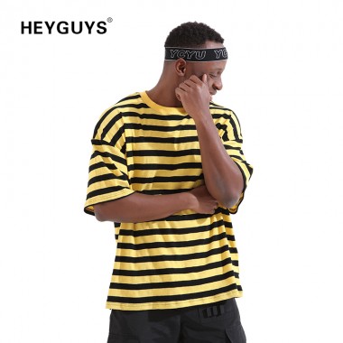 HEYGUYS yellow striped hip hop street T-shirt man   fashion US size t shirts men summer short sleeve oversize street wear