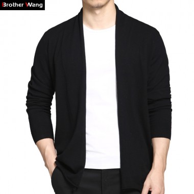 Brother Wang Brand 2018 Spring New Wool Cardigan Male Fashion Casual No Buttons Men's Black Slim Knitted Sweaters Clothes