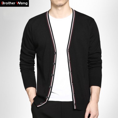 Brother Wang Brand Cardigan Men 2018 Spring New Fashion Casual Knit Sweater Contrast Color Men's Slim Thin Sweater Coat Clothes