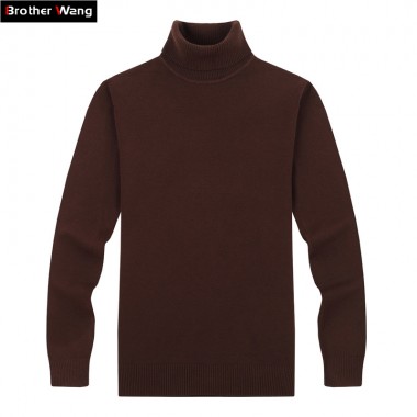 Brother Wang Brand Men's Casual Pullovers Sweater Classic Style 100%Cotton Slim Business Turtleneck Sweater Male black white